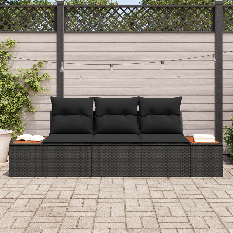 3 Piece Garden Sofa Set with Cushions Black Poly Rattan Acacia