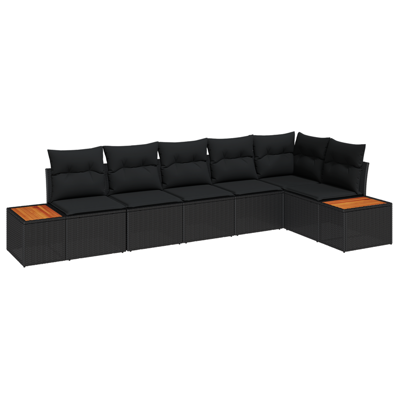 6 Piece Garden Sofa Set with Cushions Black Poly Rattan Acacia