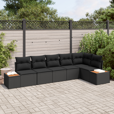 6 Piece Garden Sofa Set with Cushions Black Poly Rattan Acacia