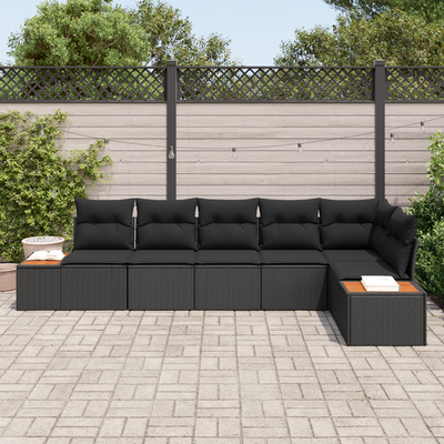 6 Piece Garden Sofa Set with Cushions Black Poly Rattan Acacia