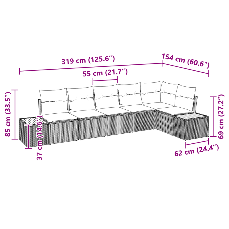 6 Piece Garden Sofa Set with Cushions Black Poly Rattan Acacia