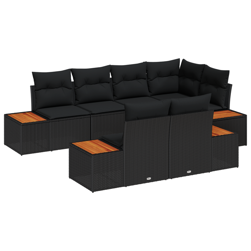 7 Piece Garden Sofa Set with Cushions Black Poly Rattan Acacia