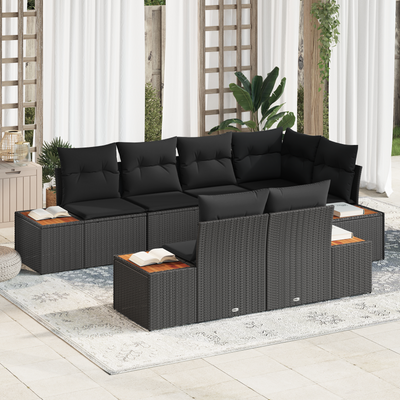 7 Piece Garden Sofa Set with Cushions Black Poly Rattan Acacia