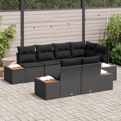 7 Piece Garden Sofa Set with Cushions Black Poly Rattan Acacia