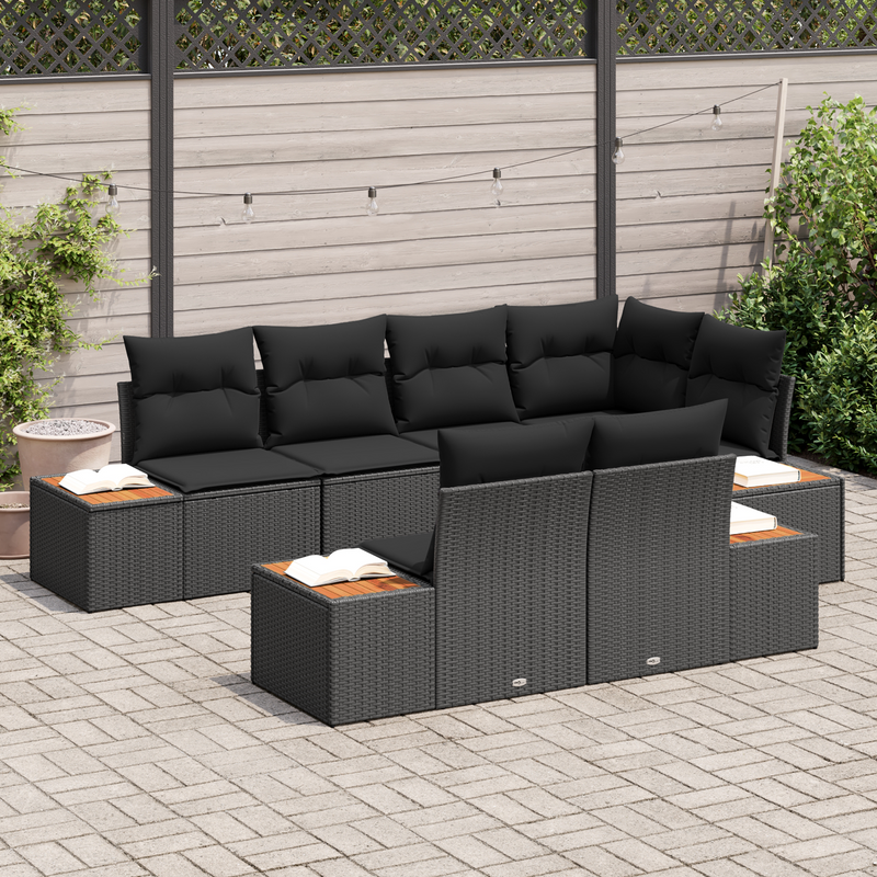 7 Piece Garden Sofa Set with Cushions Black Poly Rattan Acacia