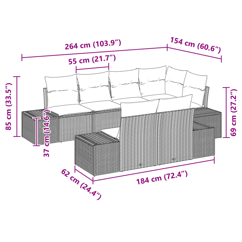7 Piece Garden Sofa Set with Cushions Black Poly Rattan Acacia