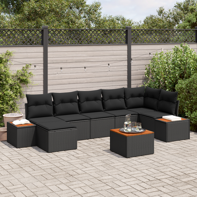 8 Piece Garden Sofa Set with Cushions Black Poly Rattan Acacia
