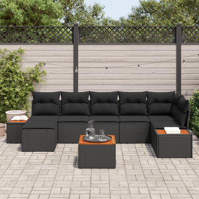 8 Piece Garden Sofa Set with Cushions Black Poly Rattan Acacia