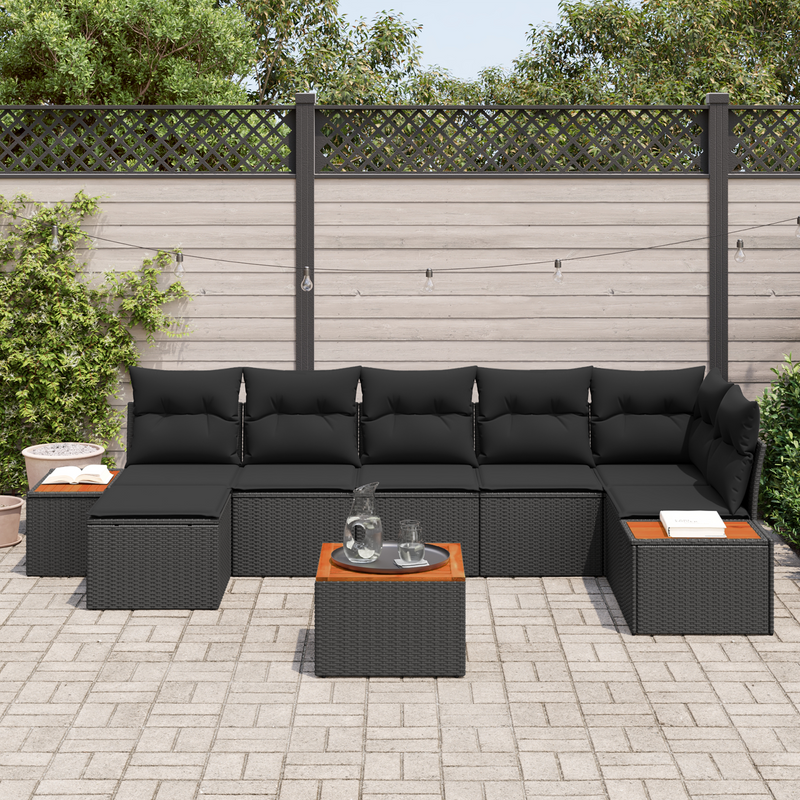 8 Piece Garden Sofa Set with Cushions Black Poly Rattan Acacia