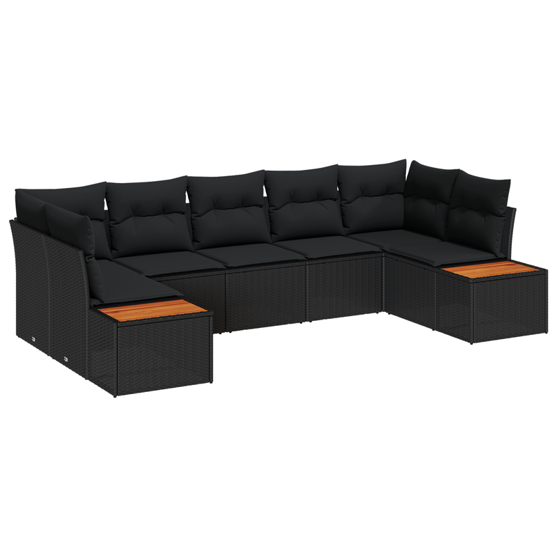 7 Piece Garden Couch Set with Cushions Black Poly Rattan Acacia
