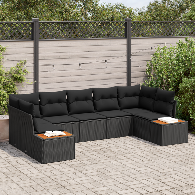 7 Piece Garden Couch Set with Cushions Black Poly Rattan Acacia