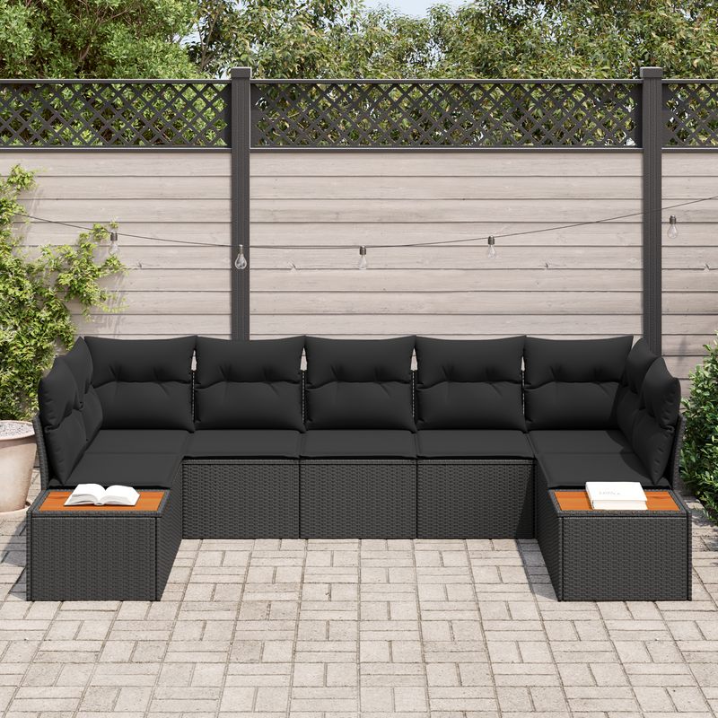 7 Piece Garden Couch Set with Cushions Black Poly Rattan Acacia