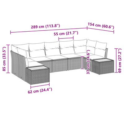 7 Piece Garden Couch Set with Cushions Black Poly Rattan Acacia