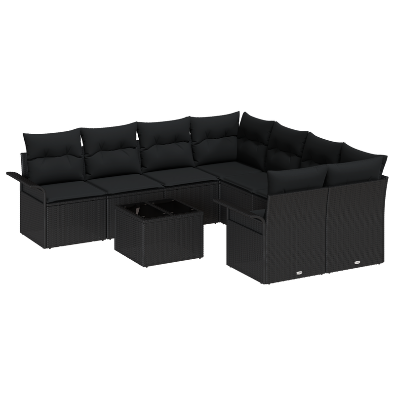 9 Piece Garden Sofa Set with Cushions Black Poly Rattan