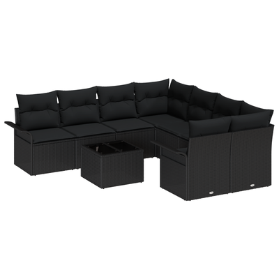 9 Piece Garden Sofa Set with Cushions Black Poly Rattan