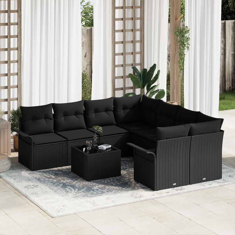 9 Piece Garden Sofa Set with Cushions Black Poly Rattan