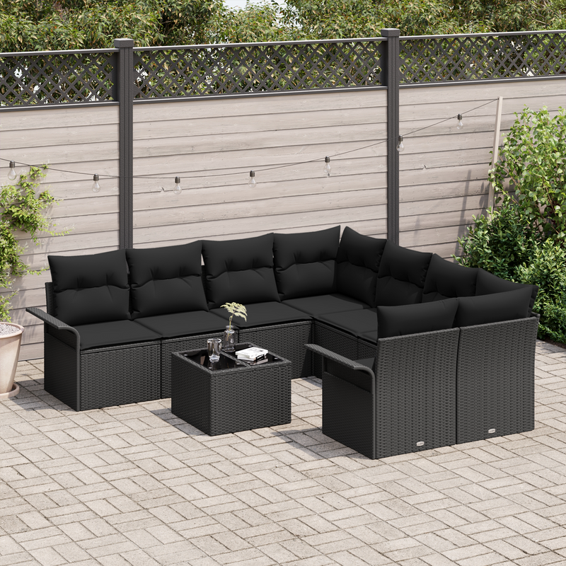 9 Piece Garden Sofa Set with Cushions Black Poly Rattan