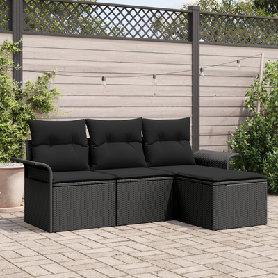 4 Piece Garden Sofa Set with Cushions Black Poly Rattan