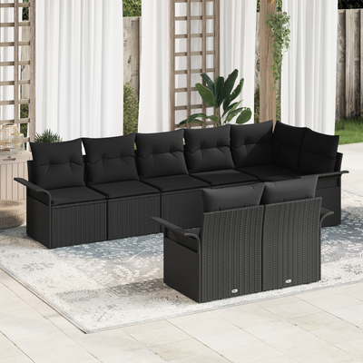 8 Piece Garden Sofa Set with Cushions Black Poly Rattan
