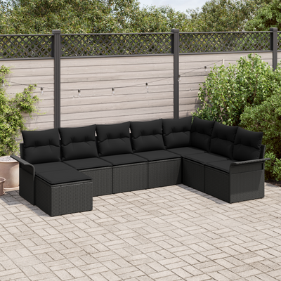 8 Piece Garden Sofa Set with Cushions Black Poly Rattan