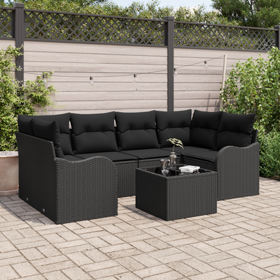 7 Piece Garden Sofa Set with Cushions Black Poly Rattan