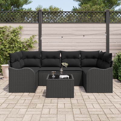 7 Piece Garden Sofa Set with Cushions Black Poly Rattan