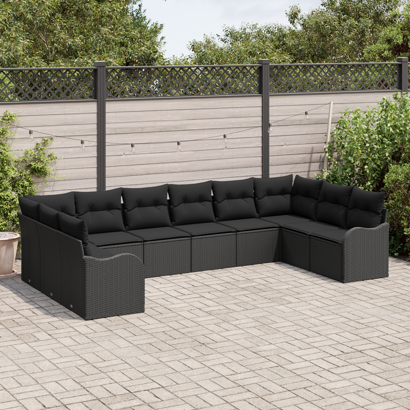 10 Piece Garden Sofa Set with Cushions Black Poly Rattan