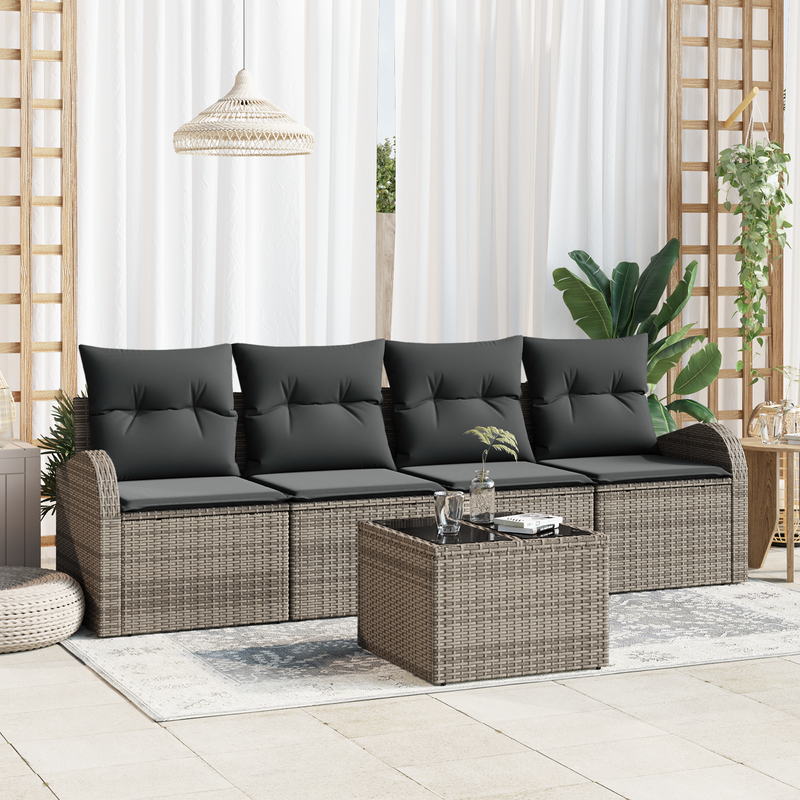 5 Piece Garden Sofa Set with Cushions Grey Poly Rattan