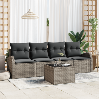 5 Piece Garden Sofa Set with Cushions Grey Poly Rattan