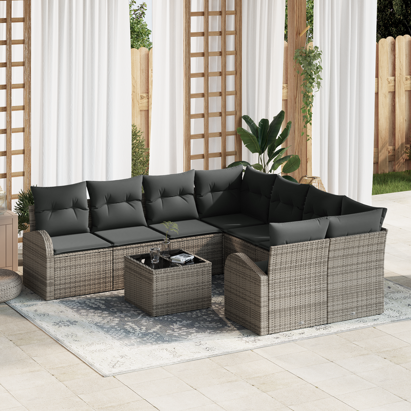 9 Piece Garden Sofa Set with Cushions Grey Poly Rattan
