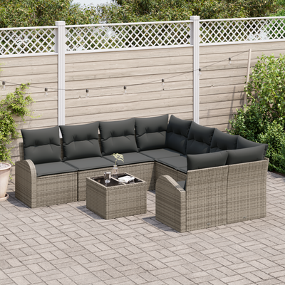 9 Piece Garden Sofa Set with Cushions Grey Poly Rattan