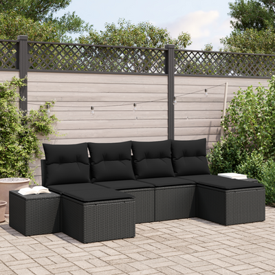 6 Piece Garden Sofa Set with Cushions Black Poly Rattan