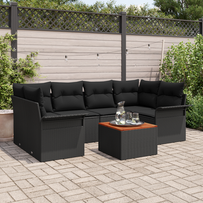 7 Piece Garden Sofa Set with Cushions Black Poly Rattan Acacia
