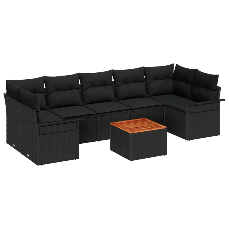 8 Piece Garden Sofa Set with Cushions Black Poly Rattan Acacia