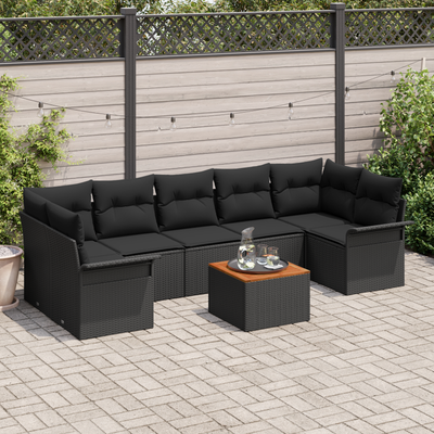 8 Piece Garden Sofa Set with Cushions Black Poly Rattan Acacia