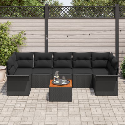 8 Piece Garden Sofa Set with Cushions Black Poly Rattan Acacia