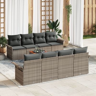 9 Piece Garden Sofa Set with Cushions Grey Poly Rattan Acacia