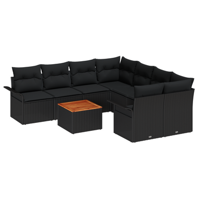 9 Piece Garden Sofa Set with Cushions Black Poly Rattan Acacia