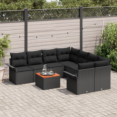 9 Piece Garden Sofa Set with Cushions Black Poly Rattan Acacia