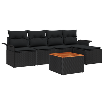 6 Piece Garden Sofa Set with Cushions Black Poly Rattan Acacia