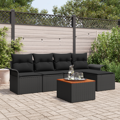 6 Piece Garden Sofa Set with Cushions Black Poly Rattan Acacia