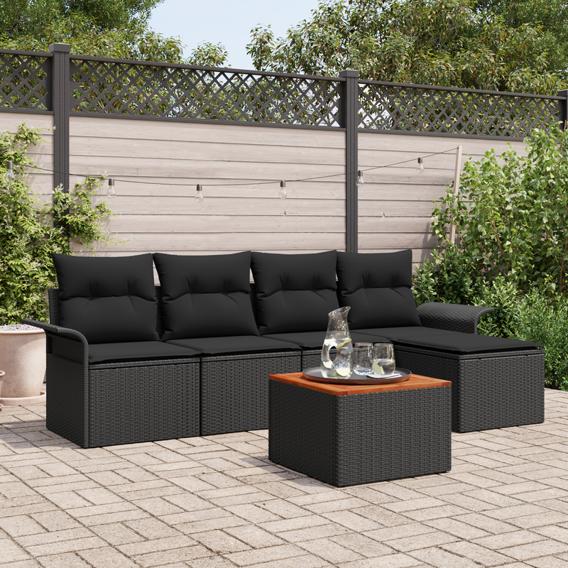 6 Piece Garden Sofa Set with Cushions Black Poly Rattan Acacia