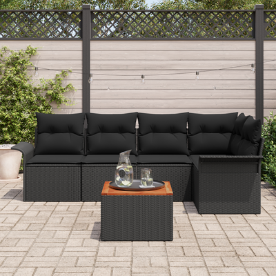 6 Piece Garden Sofa Set with Cushions Black Poly Rattan Acacia