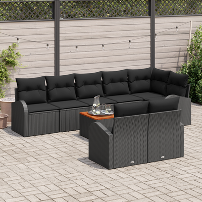 9 Piece Garden Sofa Set with Cushions Black Poly Rattan Acacia