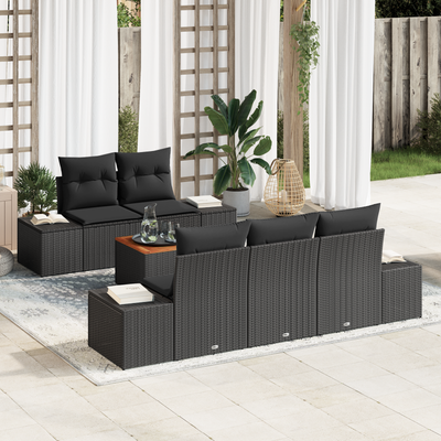6 Piece Garden Sofa Set with Cushions Black Poly Rattan Acacia