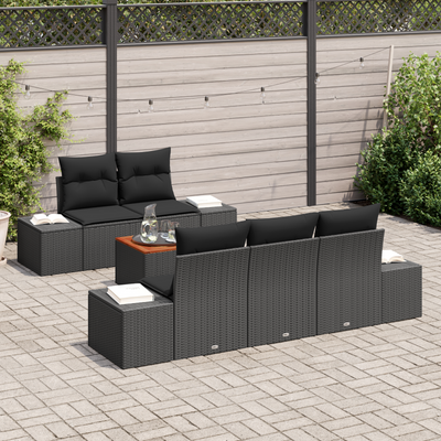 6 Piece Garden Sofa Set with Cushions Black Poly Rattan Acacia