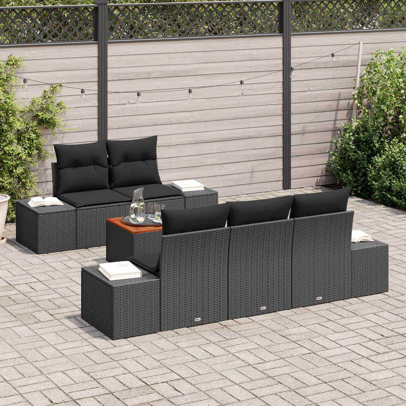 6 Piece Garden Sofa Set with Cushions Black Poly Rattan Acacia