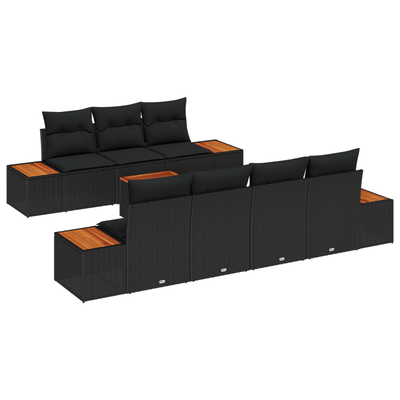 8-Piece Garden Sofa Set with Cushions Black Poly Rattan Acacia