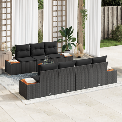 8-Piece Garden Sofa Set with Cushions Black Poly Rattan Acacia