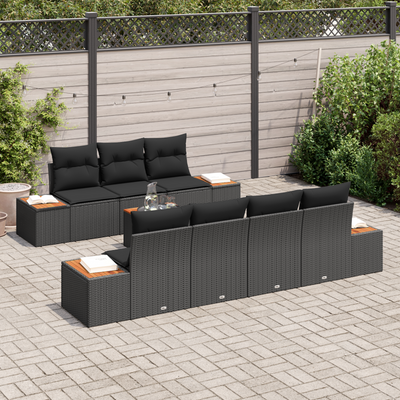 8-Piece Garden Sofa Set with Cushions Black Poly Rattan Acacia